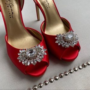 Badgley Mischka Red Satin Peep Toe Jeweled Heels